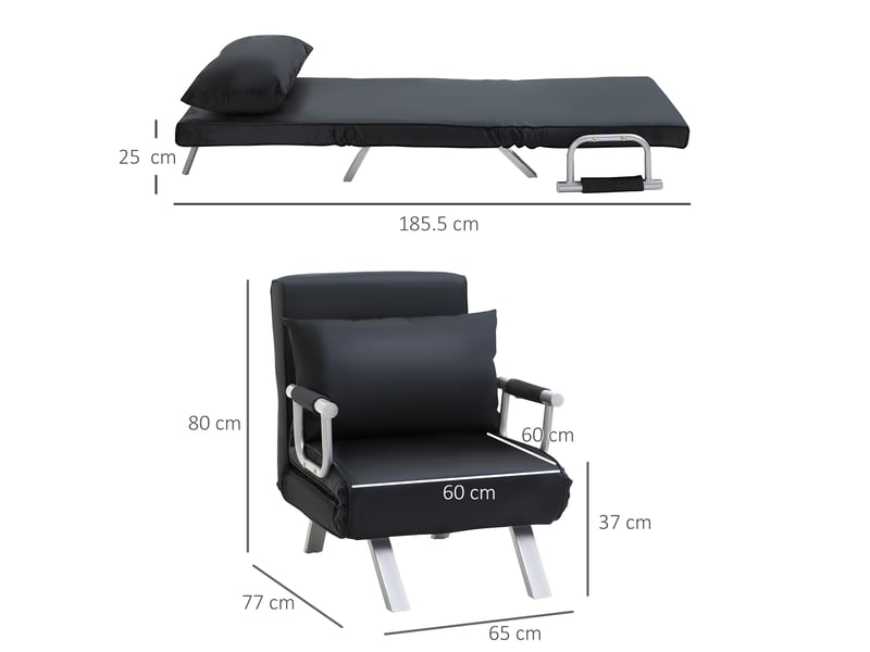  Canapé-lit 2-en-1 avec dossier ajustable 65l x 69b x 80h cm, housse amovible, oreillers, noir  - Conforama C