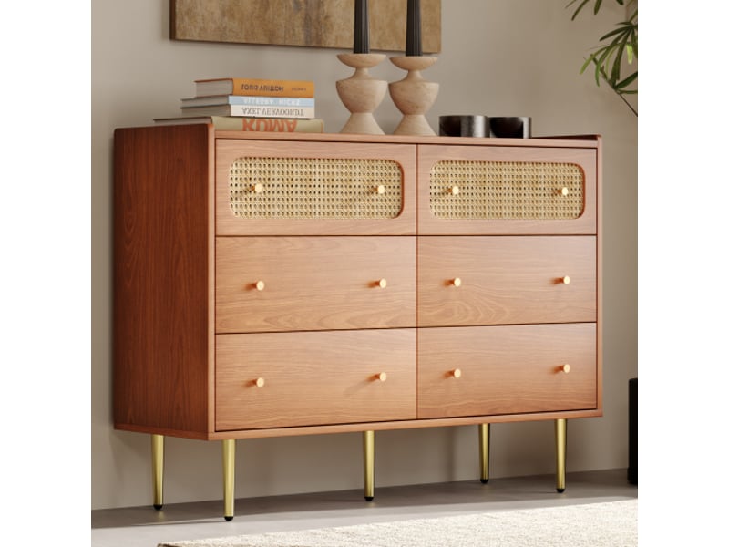  Commode bois foncé à 6 tiroirs, en rotin pour la chambre et toutes les pièces à vivre, noyer  - Conforama B