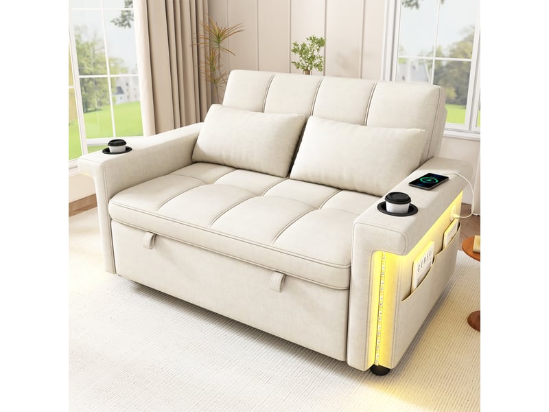 Canapé convertible 2 places 145x141,5 cm avec dossier réglable, led, porte-gobelets et poches, chenille beige Morn Vibe - Conforama D