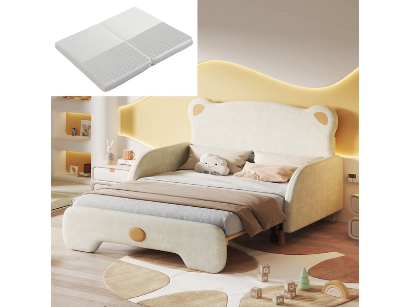 Lit enfant 140x200, sécurité optimale lit cabane enfant, design ours, structure bois massif, lit gigogne, tissu velours beige - Conforama E