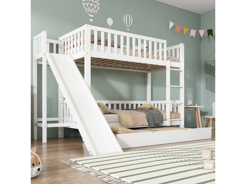  Lit superposé enfant 90x200 cm avec lit gigogne 90x190 cm, toboggan, blanc  - Conforama E