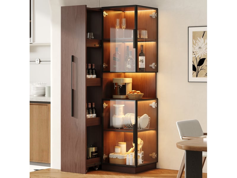  Vitrine led avec étagères latérales coulissantes, pour salon ou salle à manger, mdf et verre, noyer, 70 × 38 × 160 cm  - Conforama B
