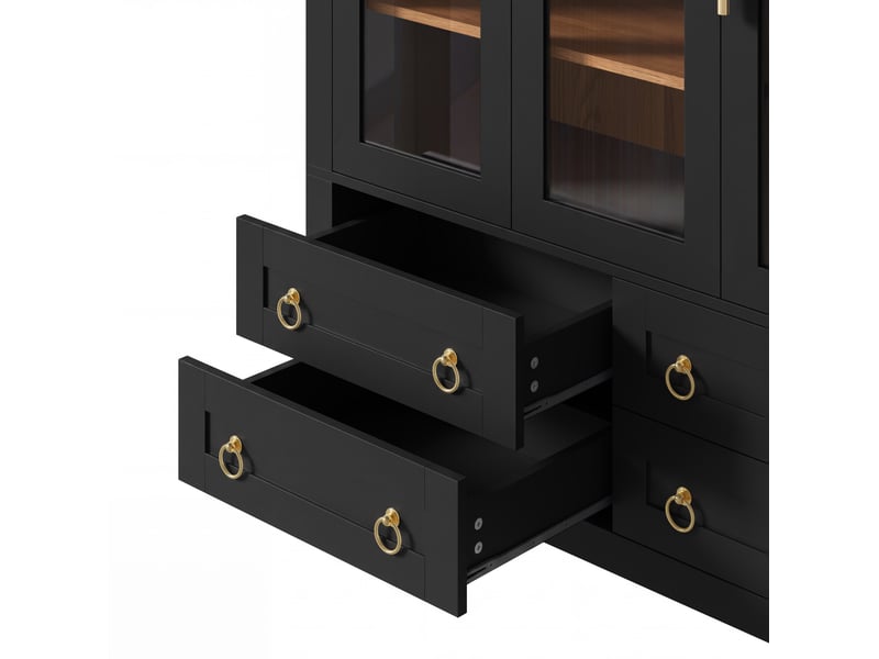 Buffet haut noir avec 3 portes vitrées, 4 tiroirs et niche ouverte en arche, poignées en aluminium - Conforama E