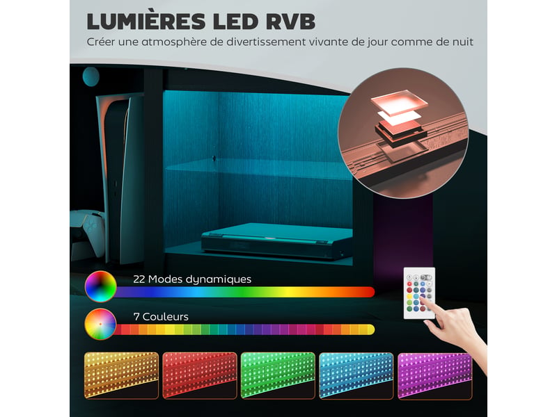  Meuble tv avec éclairage led pour télévision jusqu'à 70 pouces, noir, 160cm avec étagères en verre réglables  - Conforama D