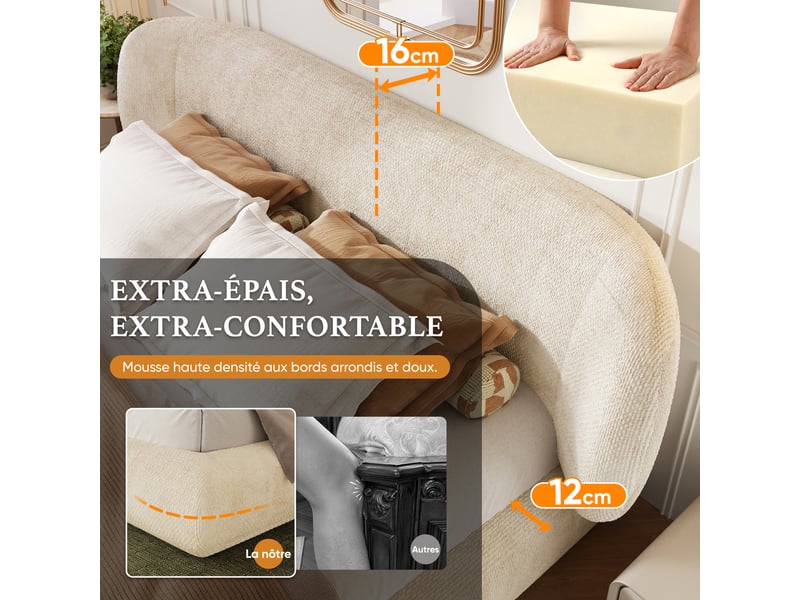  Lit rembourré en chenille beige 160x200 cm avec tête de lit arrondie Fay Lum - Conforama R