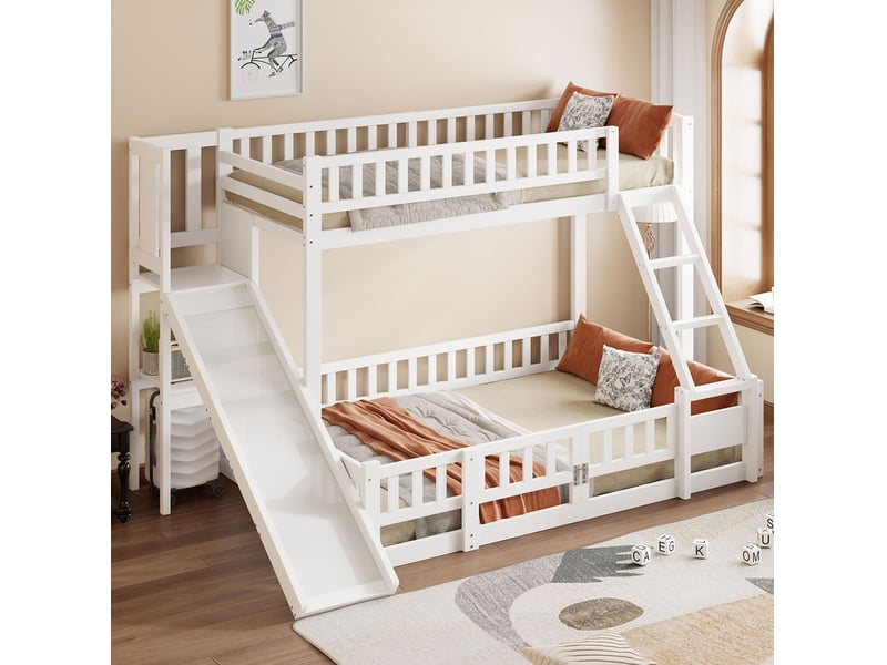  Lit superposé enfant 90x200 cm et 140x200 cm avec toboggan blanc  - Conforama D