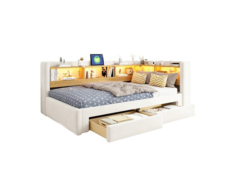  Canapé-lit 90x200 cm – avec lit gigogne – avec 2 tiroirs – avec éclairage led – avec prise électrique – beige (matelas non inclus)  - Conforama A