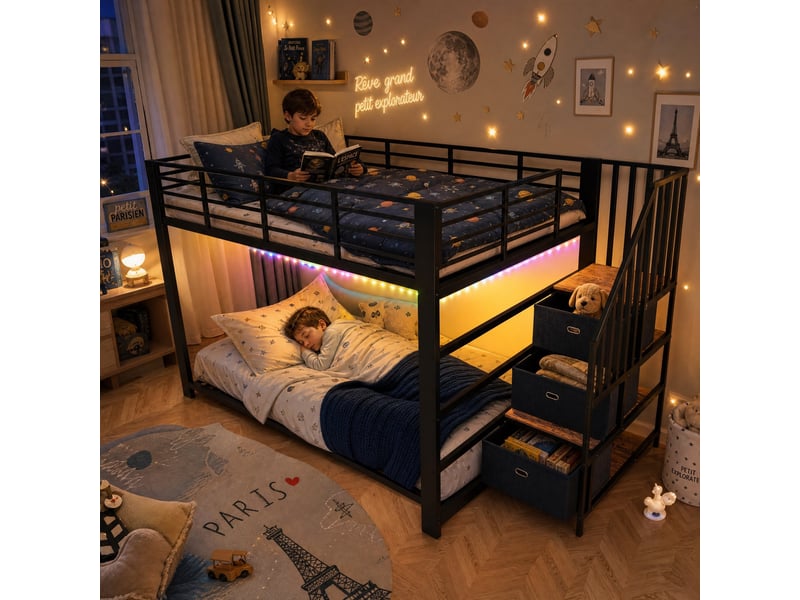  Lit superposé 2x140x200 cm - 4 places - escalier avec rangements - électrique prise - led intégrée &amp; usb - noir  - Conforama D
