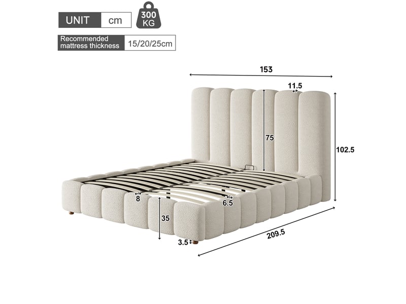  Lit coffre 2 places 140x190 cm avec sommier à lattes bouclette blanc  - Conforama C