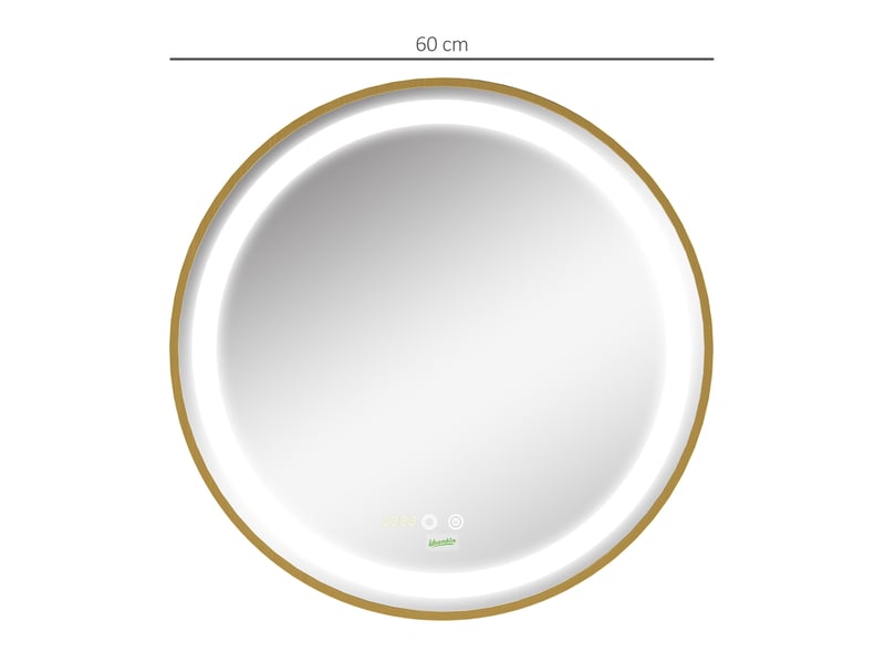 Miroir de salle de bain avec éclairage led tactile, fonction mémoire, luminosité et couleur réglables, et horloge, ø60 x 4 cm, doré - Conforama E