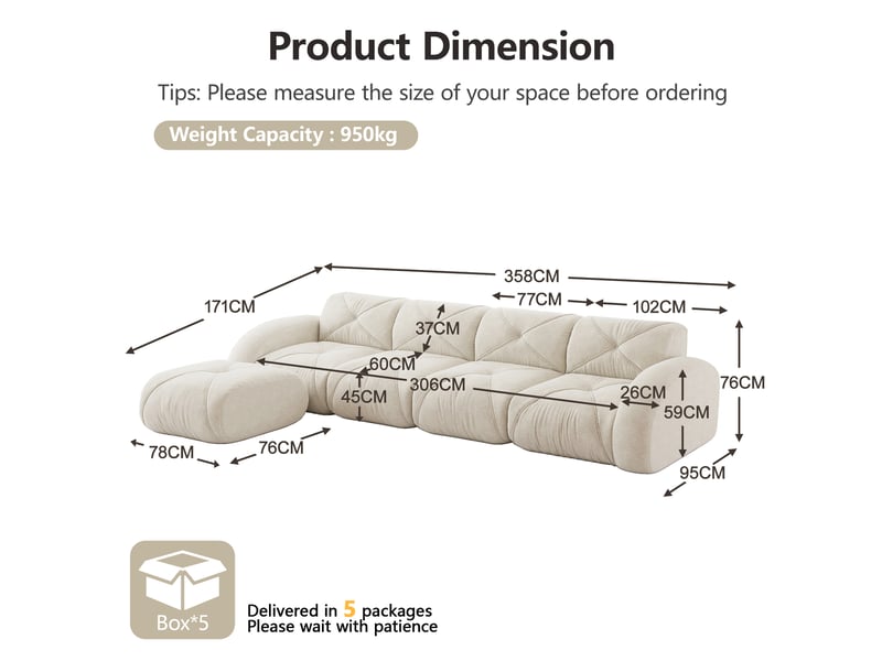  Canapé modulaire d'angle en chenille avec assise moelleuse et structure sans cadre, beige clair  - Conforama E