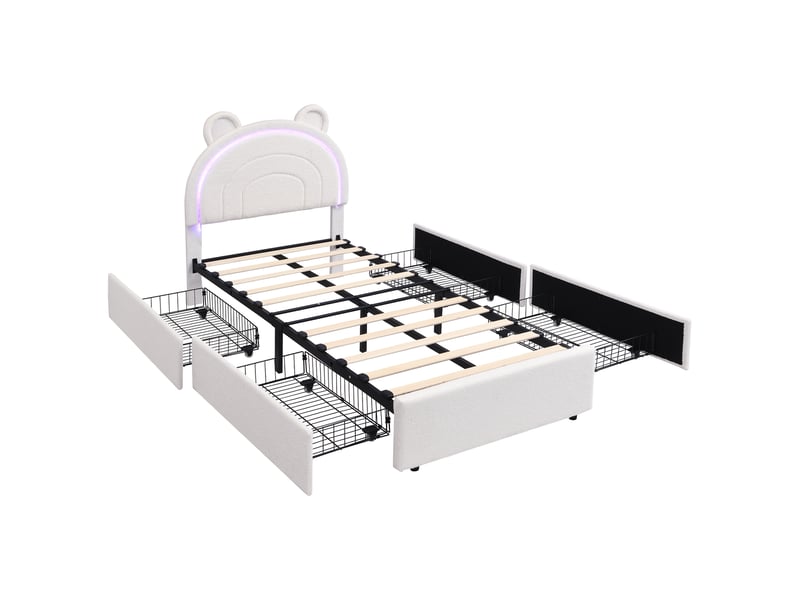  Lit enfant capitonné 90x200 cm lit fille lit simple rembourré en velours avec led tête de lit d'ours 4 tiroirs de rangement, beige  - Conforama A