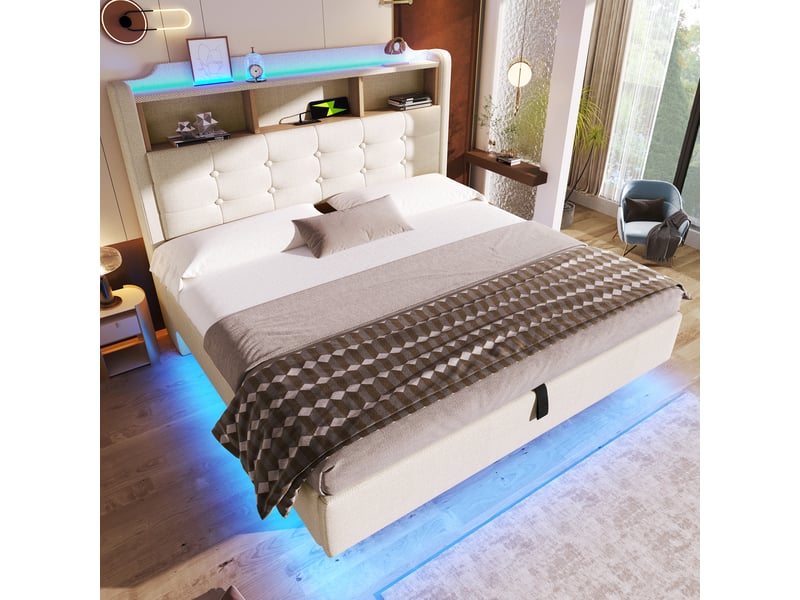  Lit capitonné 140 × 200 cm, beige, sans matelas, led, coffre hydraulique, usb type-c, lin  - Conforama D