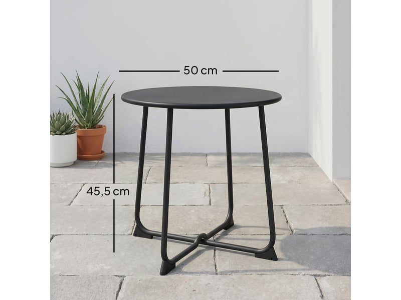 Table basse de jardin ronde de 50 cm de diamètre, en métal, avec piètement en x et pieds antidérapants, noire.  - Conforama E