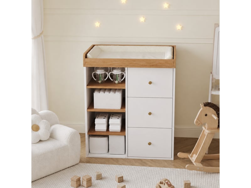  Table à langer 2 en 1 82x50x100 cm commode avec tiroirs et rangements bois et blanc  - Conforama W