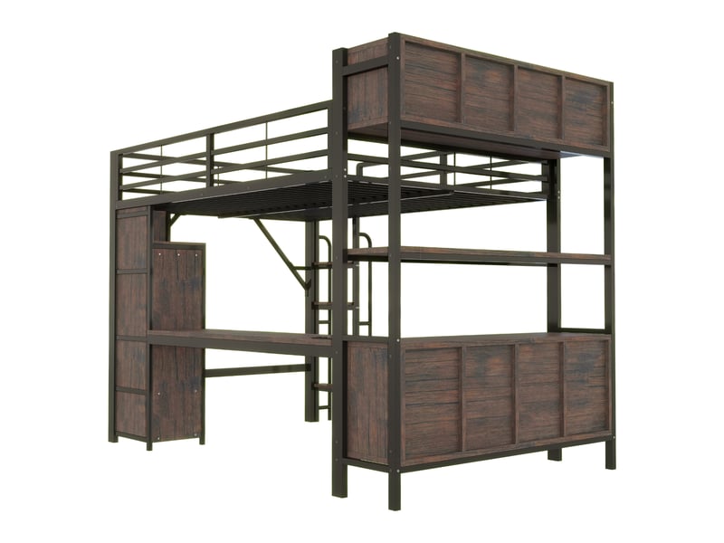  Lit mezzanine 140x200 cm, lit enfant, bureau, armoire, barrière antichute, led, métal noir  - Conforama B