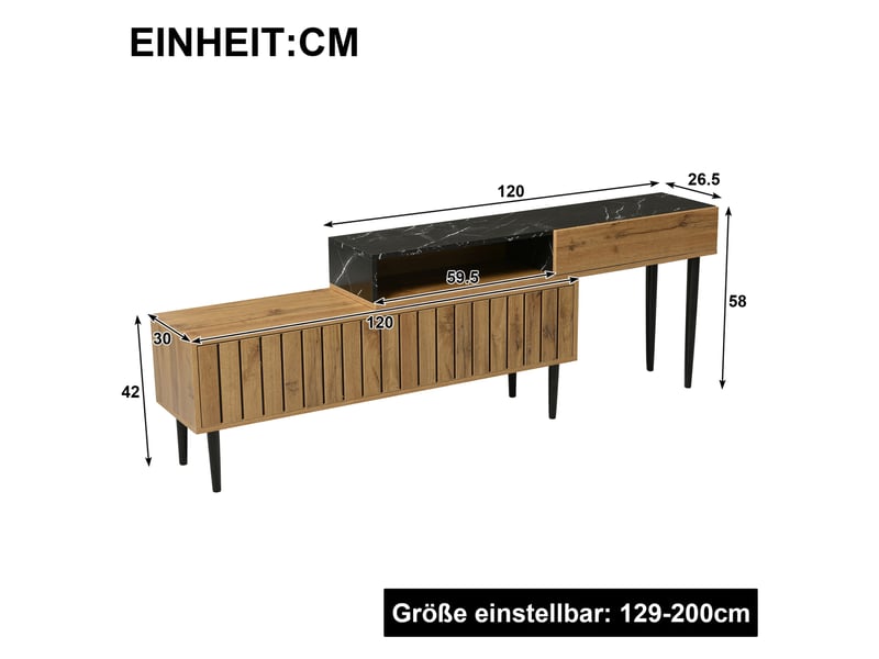  Meuble tv extensible modenvie 129 à 200 x 30 x 58 cm effet bois foncé et marbre noir  - Conforama C
