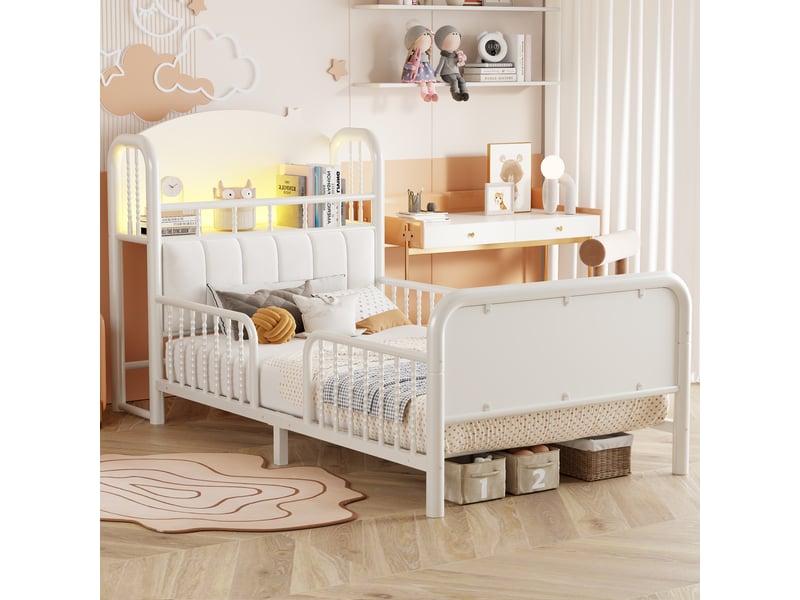  Lit enfant 90 x 200 cm en métal, barrières de sécurité, tête de lit rembourrée avec rangement, led, blanc evarich - Conforama E