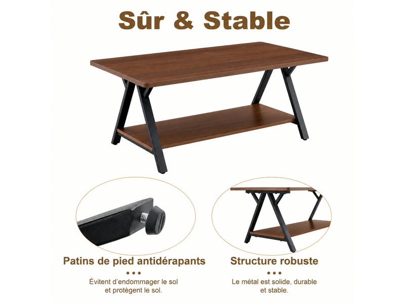  Table basse industrielle noyer, table de salon avec étagère de rangement, 110x57x44,5 cm, idéale pour petits espaces  - Conforama R