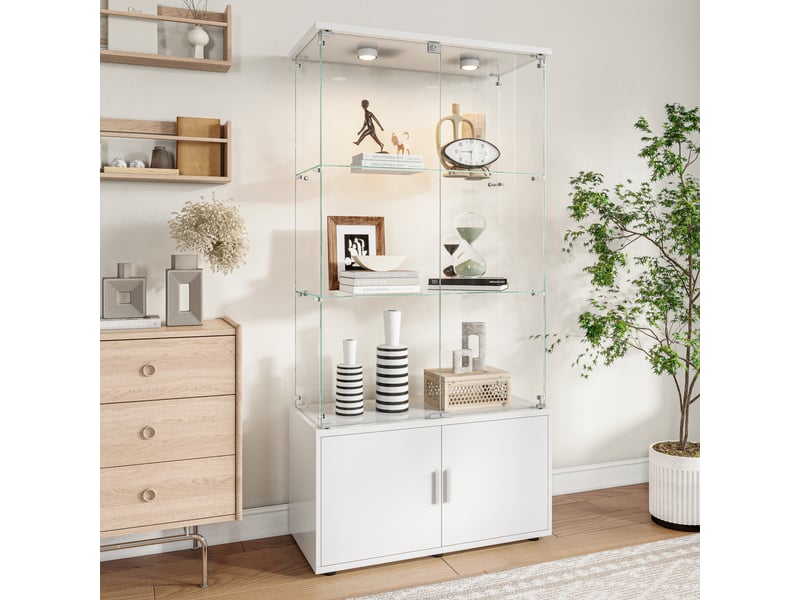  Vitrine en verre 3 niveaux avec meuble de rangement inférieur double porte - blanc - 78,5 x 35 x 164 cm - armoire d'exposition avec éclairage led  - Conforama C