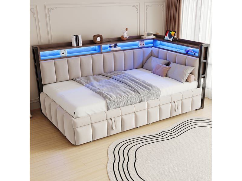  Lit banquette 90x200 cm avec lit gigogne, led, usb et usb-c en velours beige, sans matelas  - Conforama B
