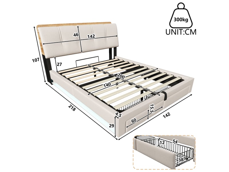  Lit capitonné, 140 x 200 cm, suspension hydraulique, avec port usb type-c, sans matelas, rangement multifonctionnel, éclairage led, commande par bouton-poussoirapplication, lin, beige  - Conforama C