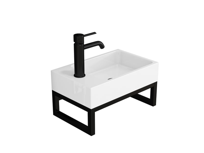  Lave-mains mural compact carré en céramique blanc mat avec cadre métal et trop-plein  - Conforama D
