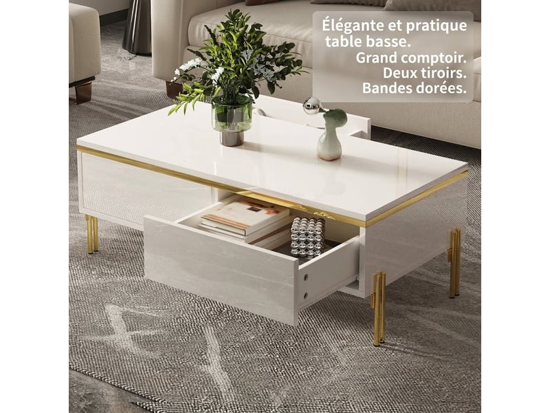  Table basse blanche brillante 100x50x36 cm avec tiroirs cachés et pieds en métal  - Conforama D