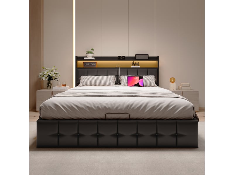 Lit coffre 160x200 cm avec sommier, lit 2 places avec led et usb, lit adulte avec coffre, lit de rangement avec tête de lit, pu noir - Conforama W