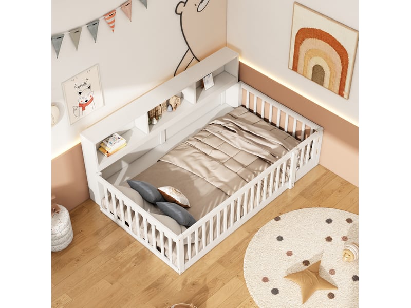  Lit simple enfant 90x200 cm avec rangements et barrières blanc  - Conforama E