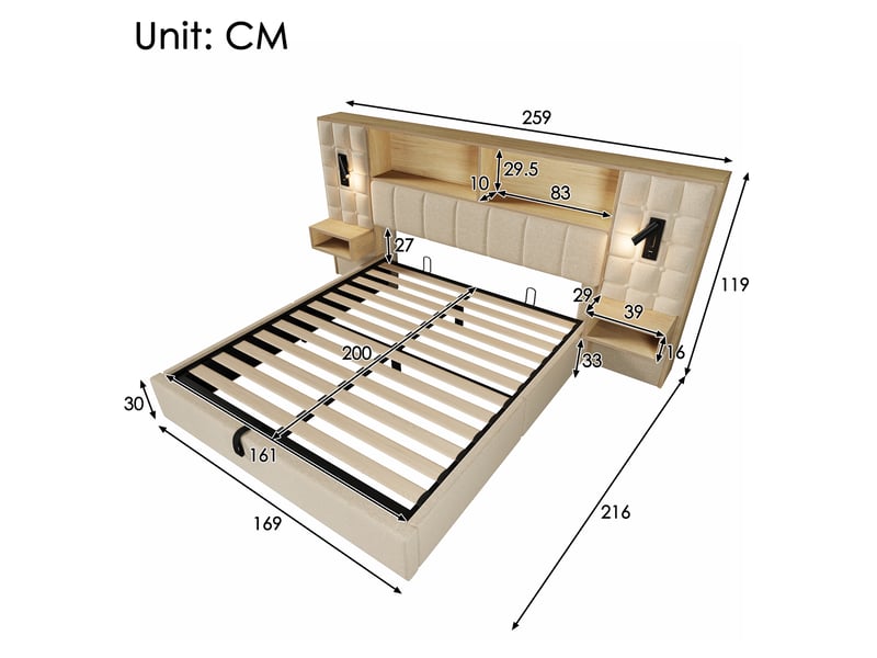  Lit coffre hydraulique 160 x 200 cm beige rembourré en lin, led et usb-c  - Conforama C