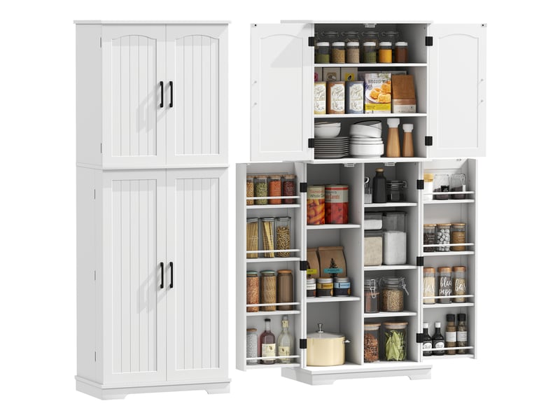  Buffet haut cuisine, armoire de cuisine, 4 portes, 10 niches, 8 porte-épices et étagères réglables, 60x35x162cm, blanc  - Conforama A