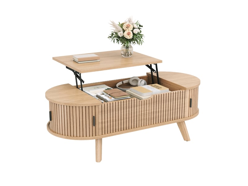 Table basse ovale relevable 100x48x54,5 cm avec plateau réglable, rangement caché et 2 portes coulissantes, effet ondulé, bois naturel - Conforama A
