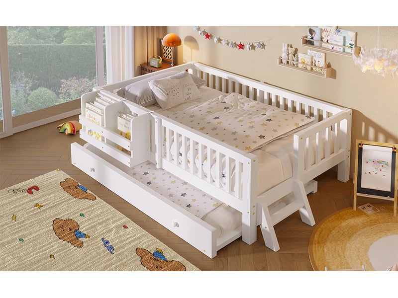  Lit enfant gigogne 90 × 200 cm, barrières et marchepied, blanc  - Conforama B
