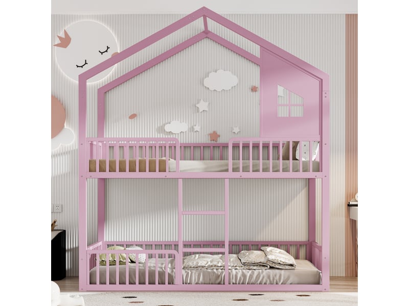 Lit superposé 90x200 cm, lit enfant, échelle, cadre métallique robuste, toit et fenêtres décoratifs, couchage confortable pour 2 personnes, métal rose OPULERANE TRADING LTD - Conforama D