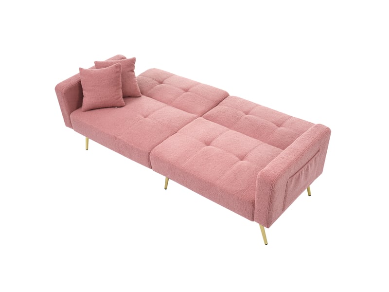 Canapé convertible rose en tissu bouclette, canapé inclinable sherpa 2 places avec pieds dorés et poches latérales, 175x64x72cm. - Conforama C