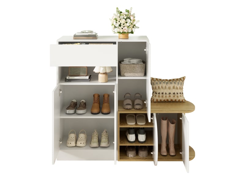  Banc à chaussures oslo blanc bois 130x35x110,5 cm, 5 portes, tiroir &amp; rangement ouvert  - Conforama B