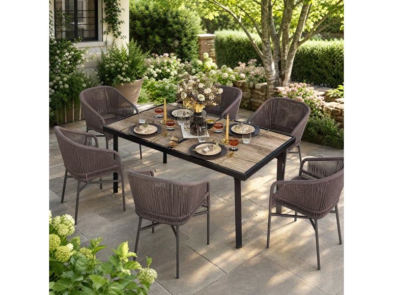  Table à manger extérieure pour 6 personnes avec plateau effet bois et structure en acier, grise, 145 × 85 × 72 cm  - Conforama C