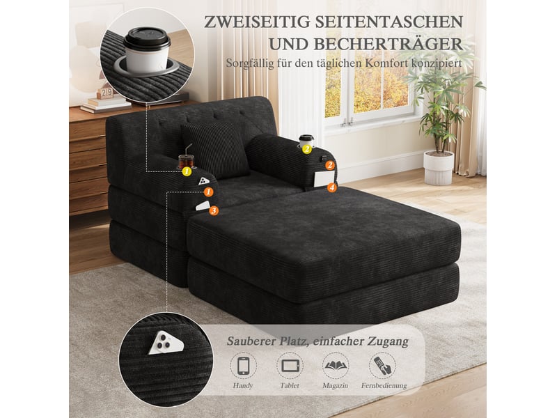  Fauteuil convertible 1 place avec pouf, couchage, 4 poches et 2 porte-gobelets en velours côtelé noir  - Conforama E