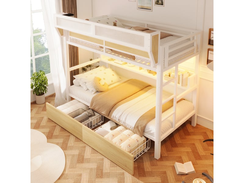  Lit superposé enfant 2 place 90x200 cm avec 2 tiroirs, étagère, panier de rangement, led via appli, garde-corps haut, structure métal et mdf blanc  - Conforama D