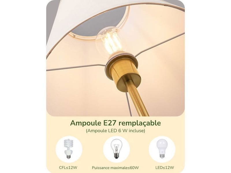  Lampadaire retro conique e27 2700k interrupteur au pied base dorée, abat-jour coton lin blanc cassé 370618_AADAW88482_6_DROPFR - Conforama E
