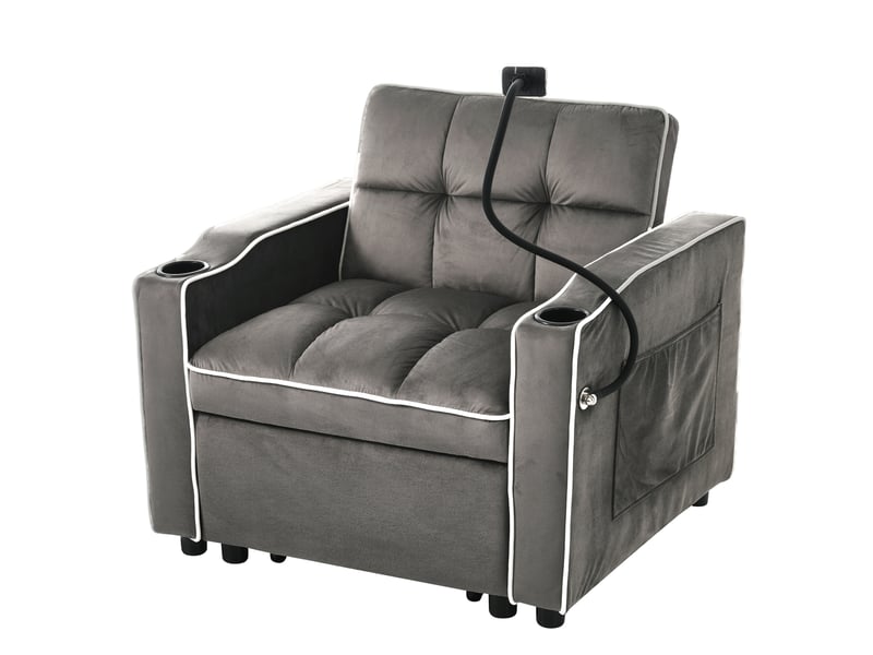 Fauteuil convertible 3 en 1 avec dossier réglable et porte-gobelets en velours gris foncé, 83 × 167 × 76 cm - Conforama A