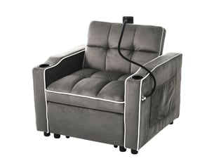 Fauteuil convertible 3 en 1 avec dossier réglable et porte-gobelets en velours gris foncé, 83 × 167 × 76 cm