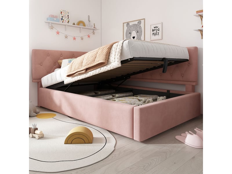 Lit coffre 90x190, coffre xl lit une personne, revêtement velours rose, sommier inclus, structure métal robuste - Conforama B