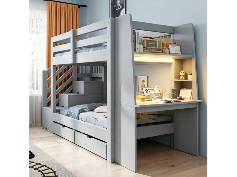  Lit mezzanine modenvie 90 x 200 cm avec bureau, rangement, tiroirs et éclairage led gris  - Conforama E