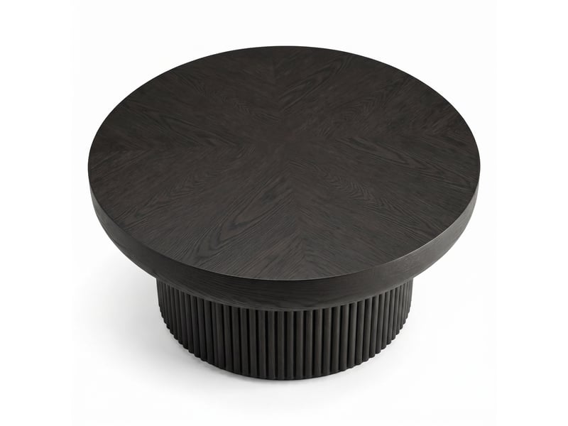  Table basse ronde 78x78x38,5 cm - avec plateau en parquet de bois véritable enchâssé et piétement tambour cannelé – mdf - noir  - Conforama A