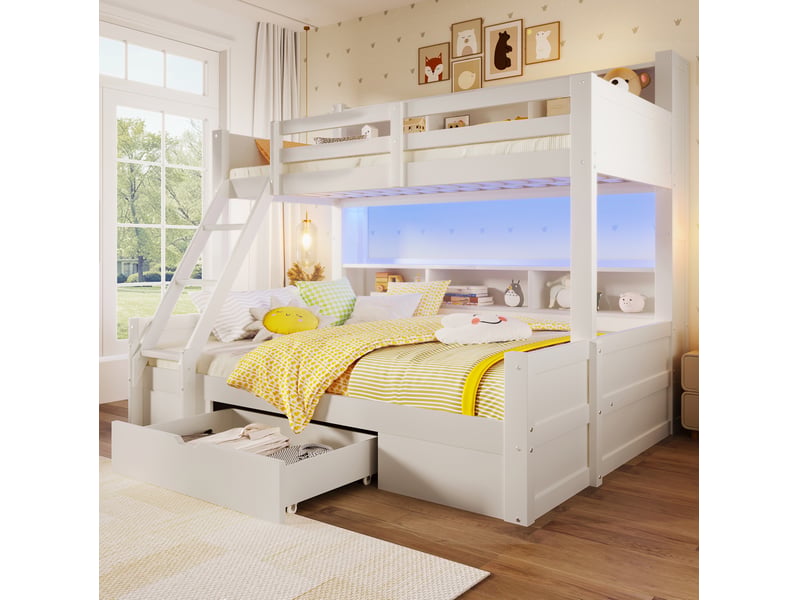  Lit superposé 90x200 cm et 140x200 cm avec led et rangements blanc  - Conforama D