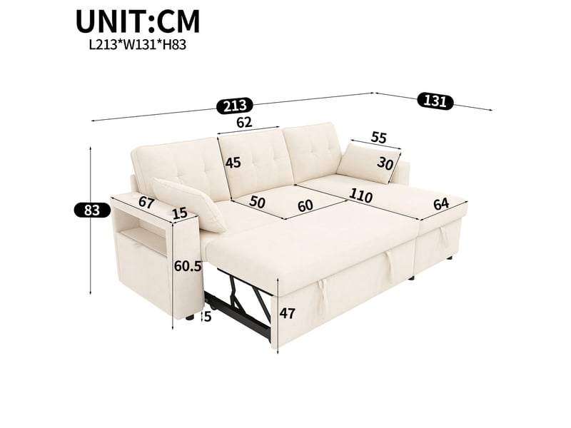  Canapé d'angle convertible 3 places 213x131x83 cm en chenille avec méridienne réversible, coffre de rangement, led, usb type-c - beige  - Conforama C