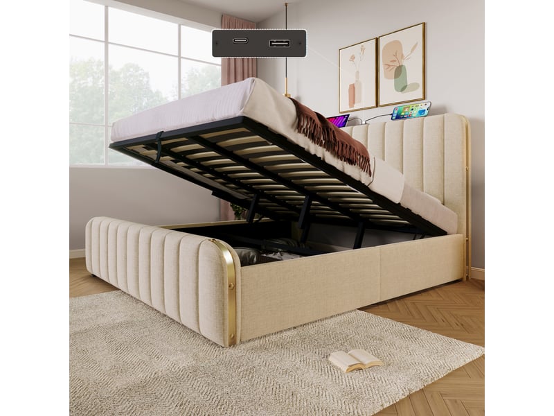 Lit double rembourré coffre hydraulique led usb-c lin beige 180x200 cm avec matelas - Conforama D