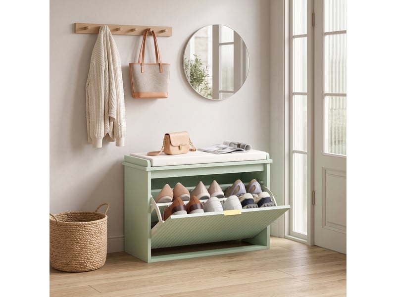  Banc à chaussures avec coussin d'assise rembourré et tiroir rabattable pour couloir, chambre, 62 x 26 x 47,5 cm, vert  - Conforama C